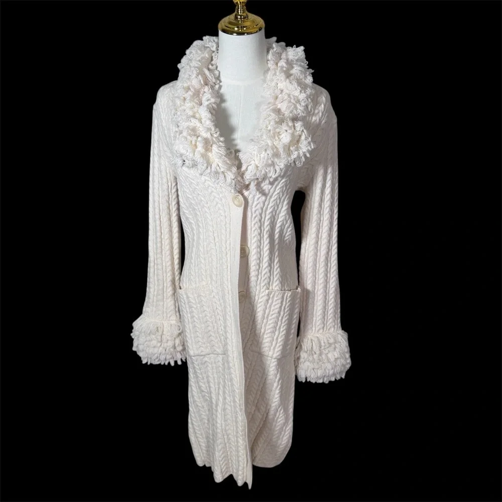 Vintage Nine West Cream Cable Knit Long Crochet Cardigan with Fringe Trim